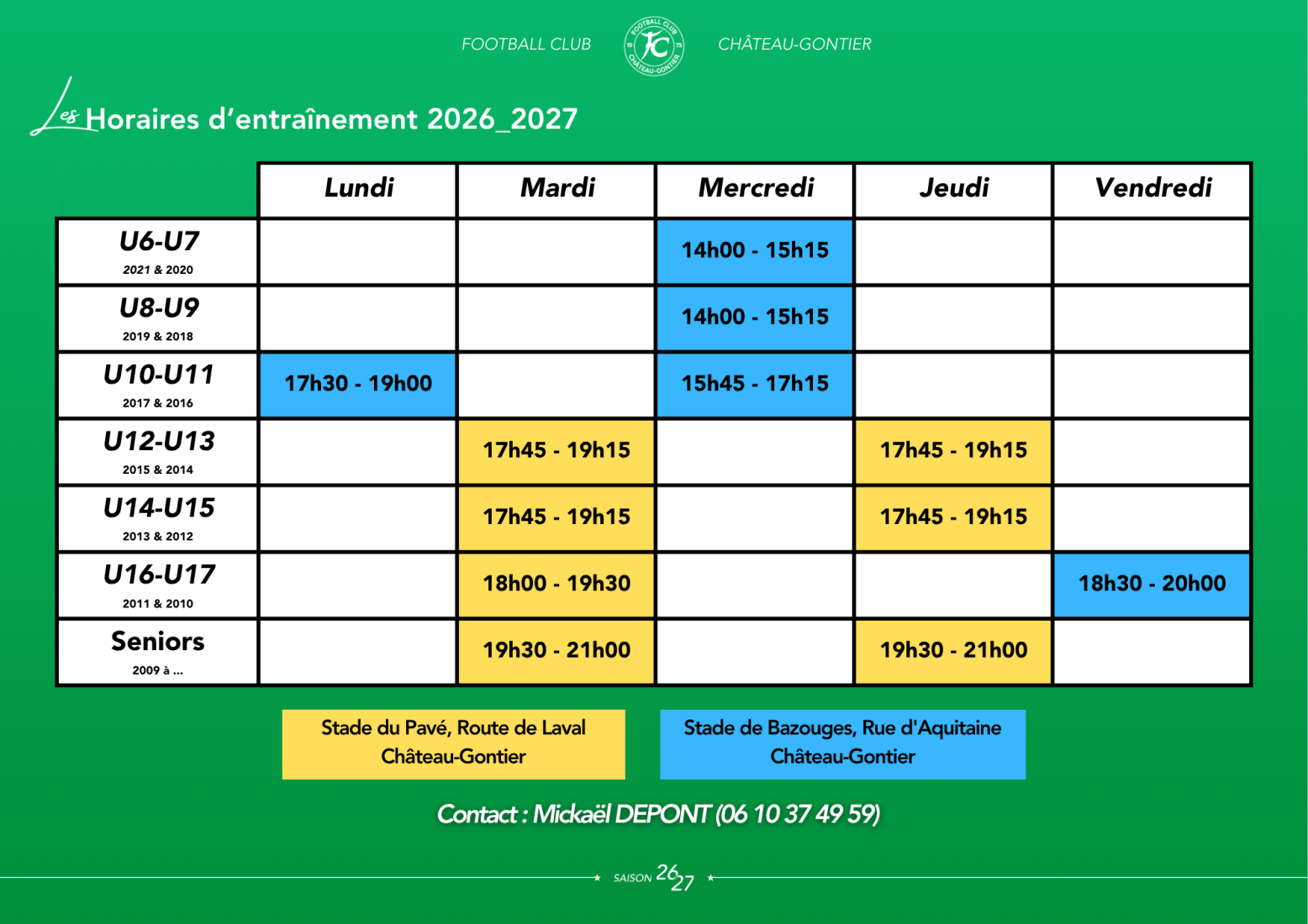 Horaires Entraînement FC_GJHA